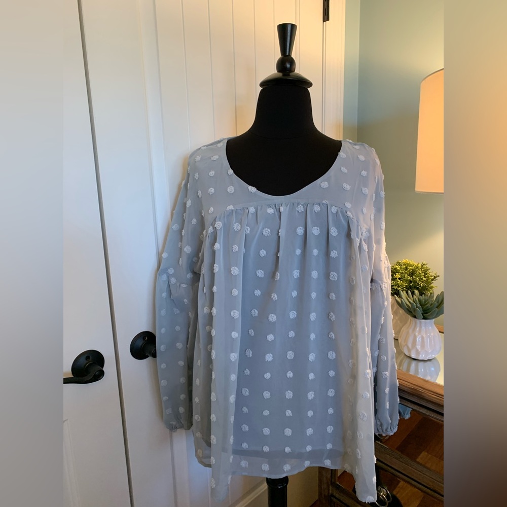 Ott, Women's Pullover, LS, Lined Chiffon Blouse, Pom Appliques, Blue, XL